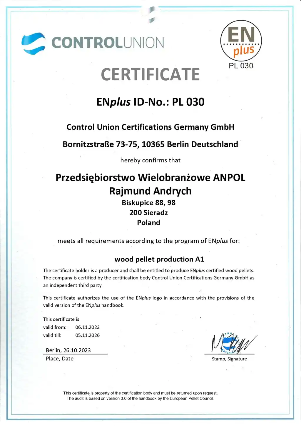 Certyfikat ENplus A1 – pellet Anpol