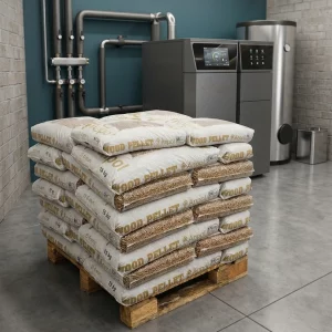 Paleta z workami pelletu w nowoczesnej, industrialnej kotłowni z piecem